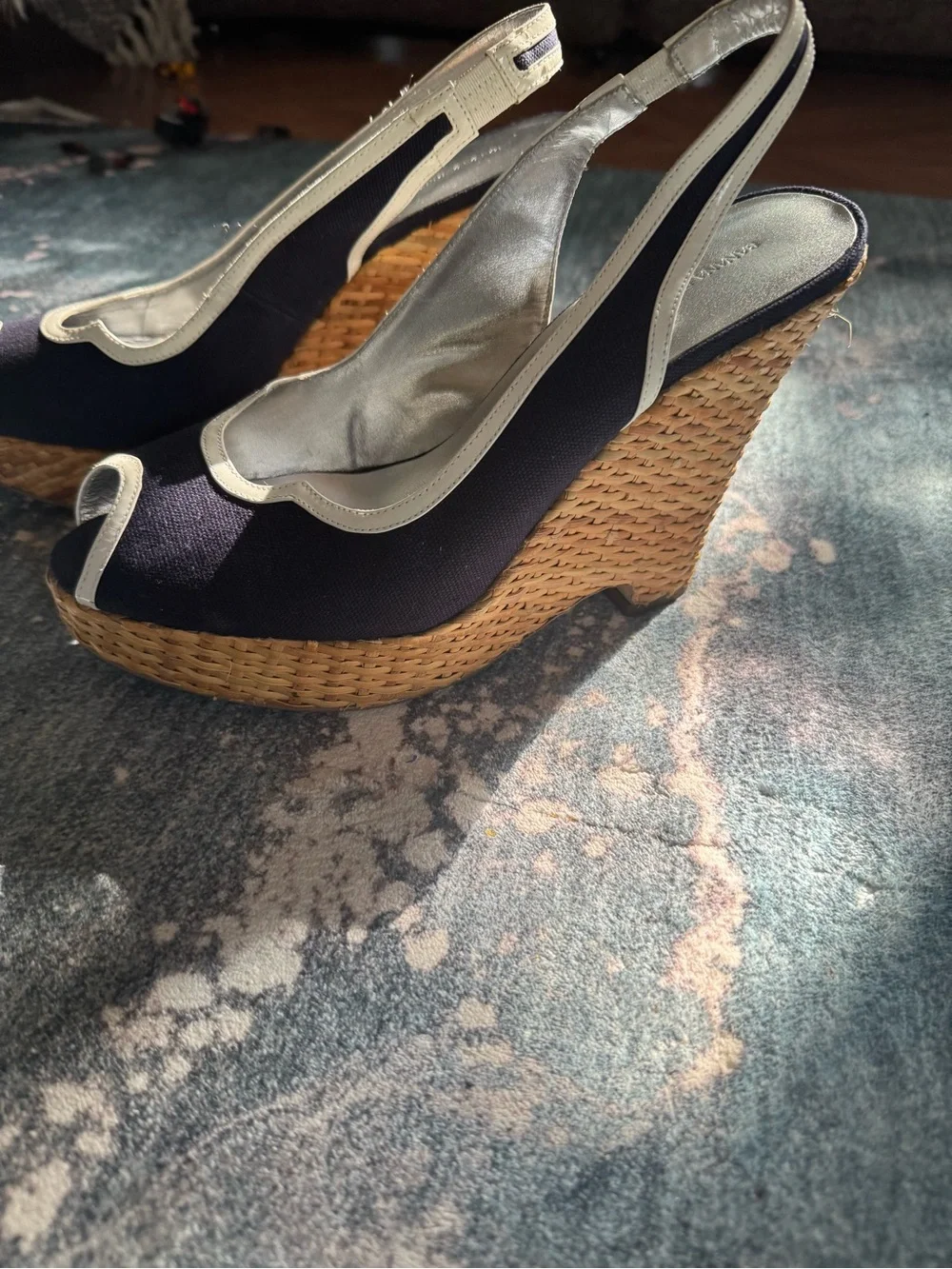 Banana Republic Navy and Natural Wedge Slingback Heels